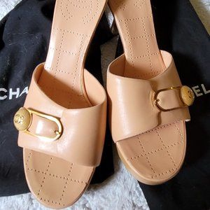 Chanel Leather and Wood Slides 38.5 Peach Color